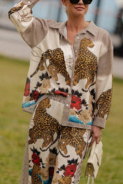 Exotic Leopard Flower Patchwork Print Button Down Oversized Blouse