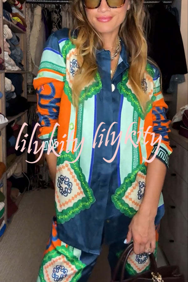 Vacation Times Satin Unique Print Button Down Oversized Blouse