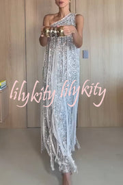 Holiday Muse Sequined Slit Tassels One Shoulder H-line Maxi Dress