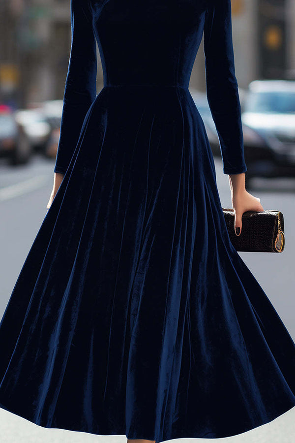 Solid Color Velvet Round Neck Long Sleeve High Waist Maxi Dress
