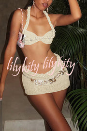 Sexy Halterneck Pearl-embellished Lace-up Tank and Fitted Knit Mini Skirt Set