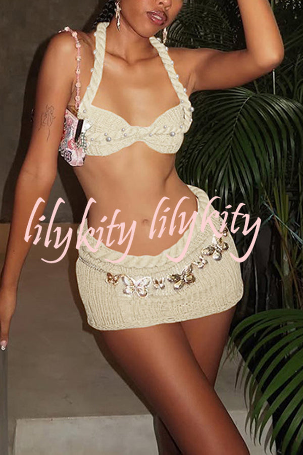 Sexy Halterneck Pearl-embellished Lace-up Tank and Fitted Knit Mini Skirt Set
