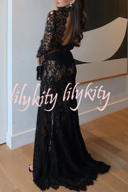 Dark Night Charm Sheer Lace Cutout Long Sleeve Stretch Maxi Dress