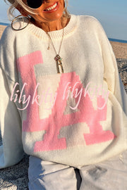 Letter Pattern Crew Neck Long Sleeve Loose Knit Sweater