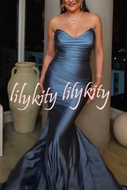 Jessica Satin Off Shoulder V-neck Ruched Detail Fishtail Maxi Dress