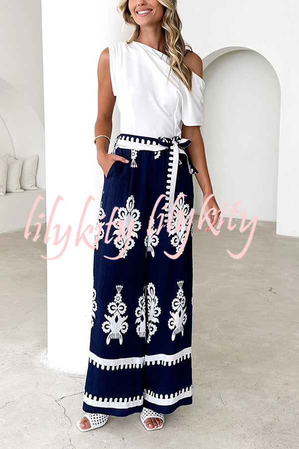 Unique Ethnic Print Belted Casual Pocket Wide Leg Pants