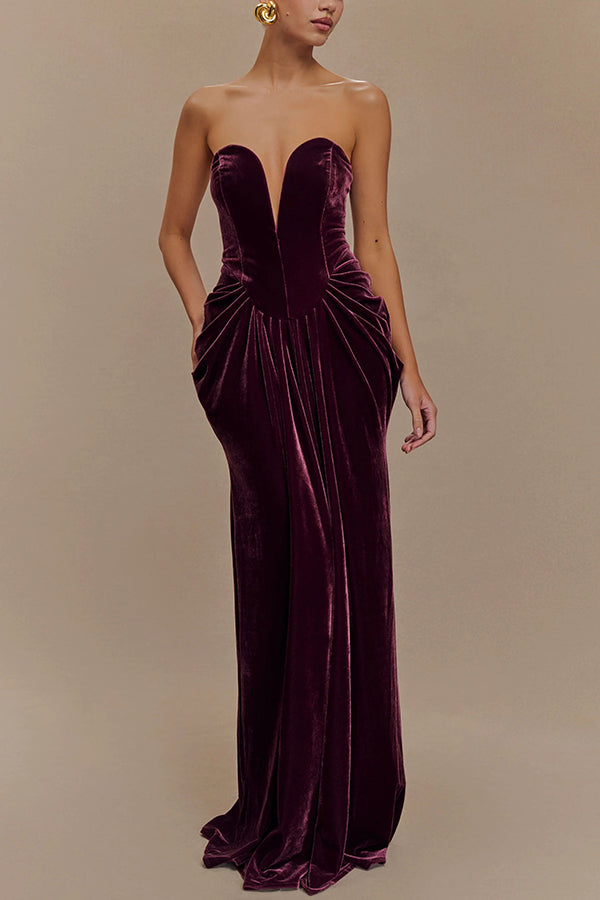 Paige Velvet Off Shoulder Side Pleated Hip Drape Maxi Dress