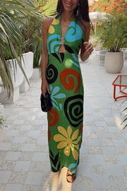 Solana Linen Blend Contrast Color Spiral Hardware Cutout Halter Maxi Dress