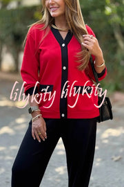 Stylish Color-blocked V-neck Knitted Button-down Cardigan and Elastic Waist Casual Wide-leg Pants Set