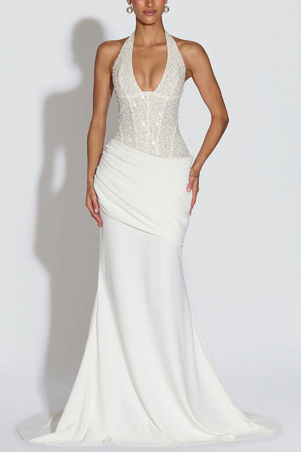 Exclusive Declaration Sequin Halter Neck Back Lace-up Ruched Hem Maxi Dress