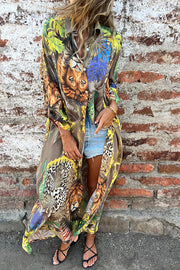 Jungle Miracle Animal Unique Print Button Long Sleeve Midi Relaxed Blouse