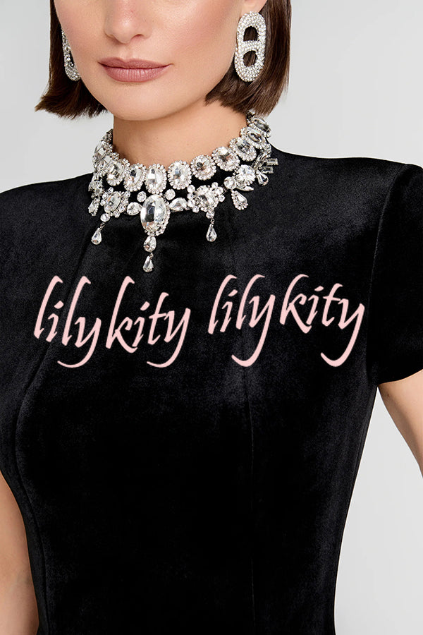 Regan Luxurious Velvet Jewel-encrusted Turtleneck Short Sleeve Pocket Tulip Mini Dress