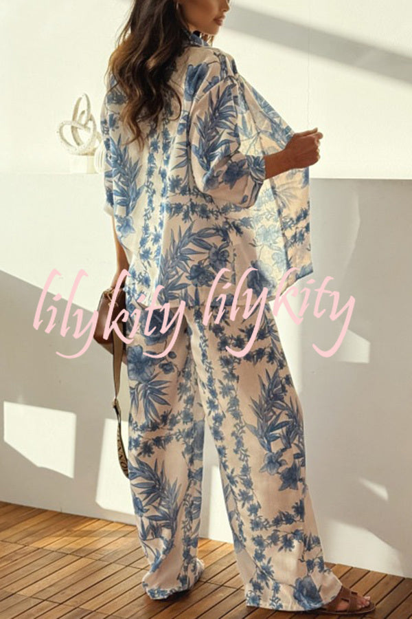 Linen Blend Botanical Print Loose-fitting Top and Elastic Waist Wide-leg Casual Pants Set
