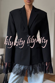 Solid Color Lace Panel Long Sleeve Button Elegant Blazer