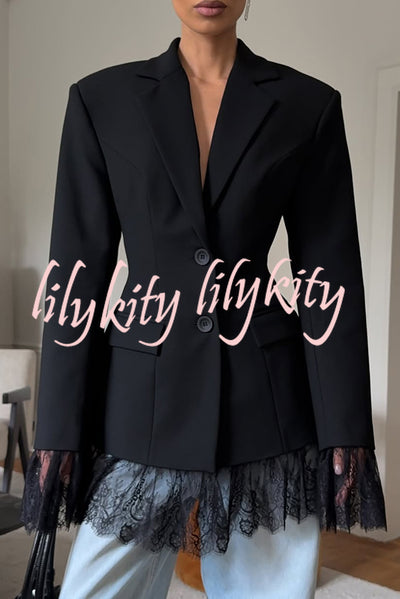 Solid Color Lace Panel Long Sleeve Button Elegant Blazer