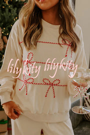 Candy Cane Cutie Loose Bow Tie Long-Sleeved Sweatshirt and Elastic Waist Pocket Pants Set