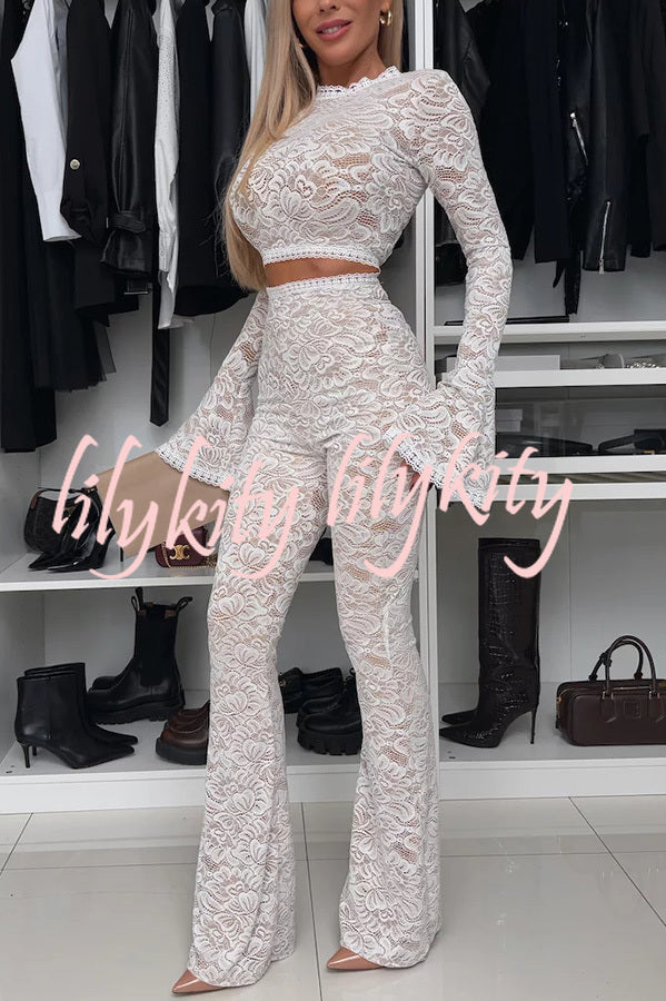 Sexy Charming Lace Bell Sleeve Crop Stretch Top and High Waist Stretch Flared Pants