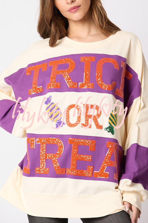 Halloween Letter Sequined Color Block Loose Casual Sweatshirt