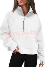 Stylish Patchwork Stand Collar Zippered Loose Pocket Sweatshirt