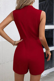 Solid Color Stand Collar Sleeveless Fake Two-piece Casual Rompers