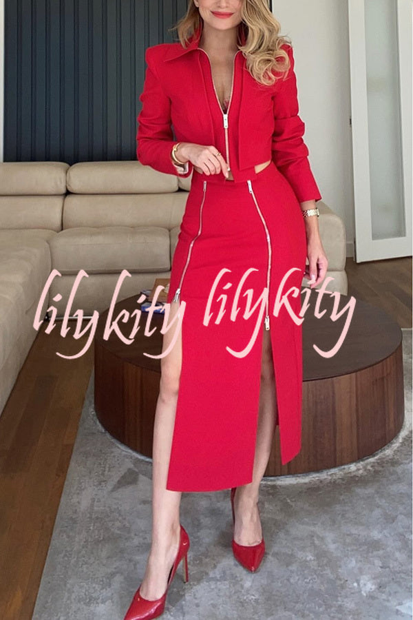 Stylish Mood Zippered Detail Crop Jacket and High Rise Stretch Slit Midi Skirt Set