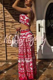 Unique Printed Sexy Sling Tank and Elastic Waist Large Hem Maxi Skirt Set