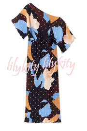 Mara Pleated Fabric Metallic Speckled Color Block Print One Shoulder Maxi Dress
