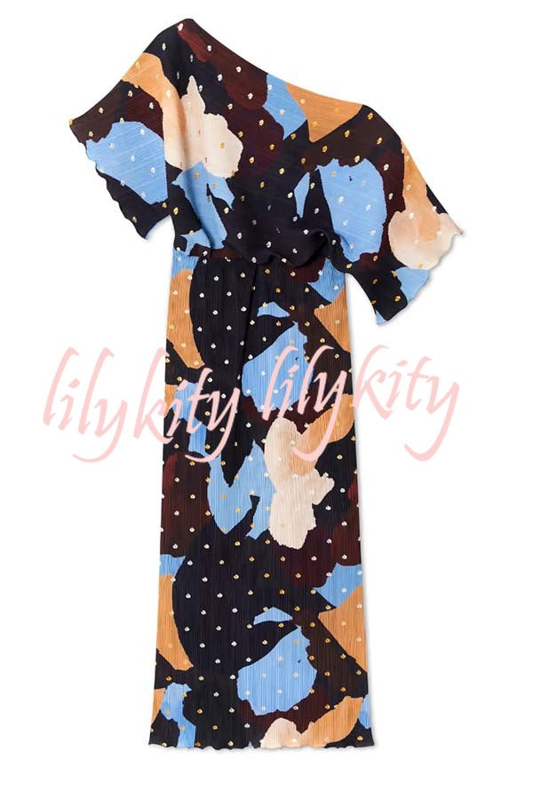 Mara Pleated Fabric Metallic Speckled Color Block Print One Shoulder Maxi Dress