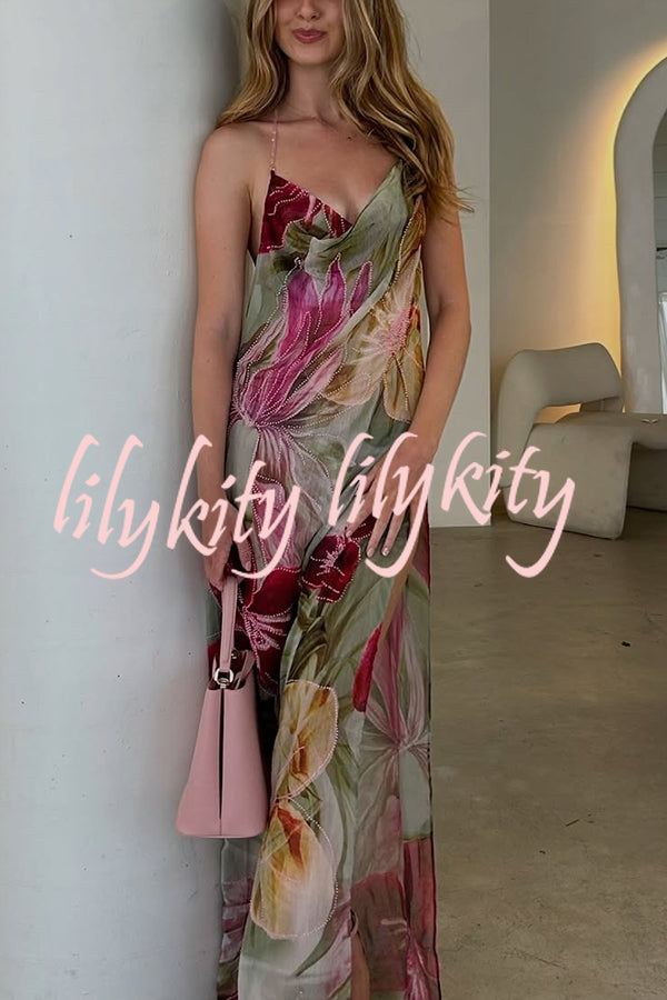 Floral Print Sexy Backless Slit See-Through Holiday Maxi Dress