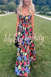 Garden Wedding Floral Print Back Tie-up Pocketed Slit Maxi Dress