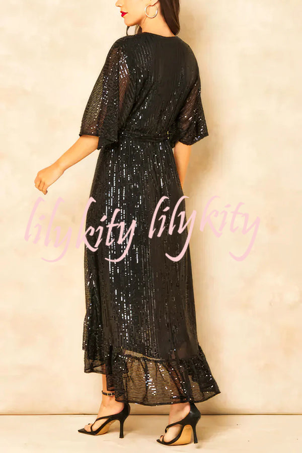 Solid Color Sequined V-neck Waist Tie Loose Maxi Dress