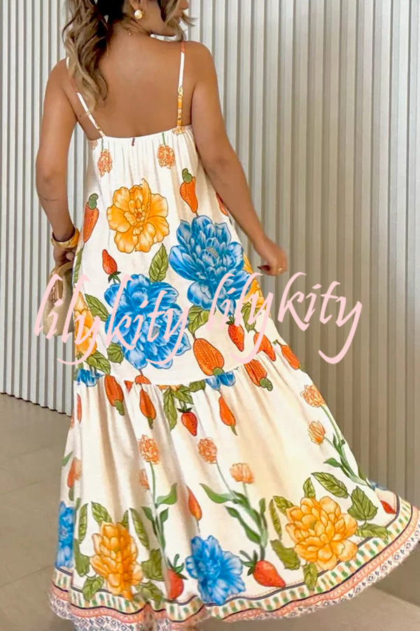Floral Print Halter Back Loose Pocket Full Hem Maxi Dress