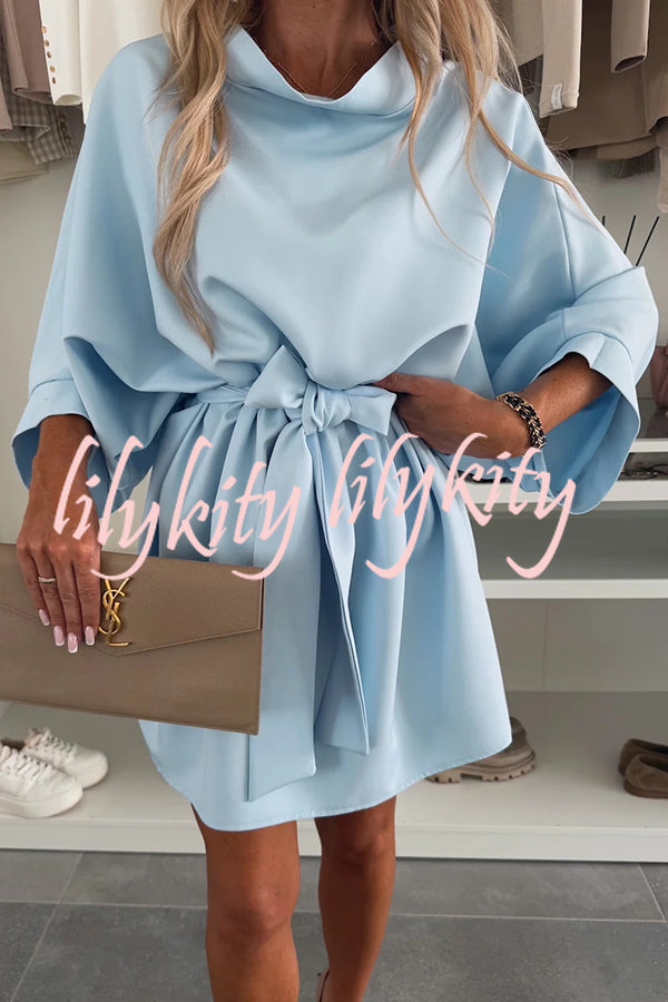 Solid Color Loose Round Neck Belted Mini Dress
