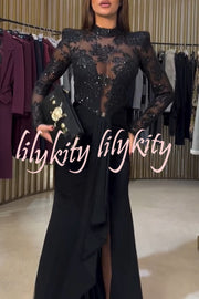 Fenna Sheer Floral Sequin Shoulder Pads Long Sleeve Drape Slit Maxi Dress