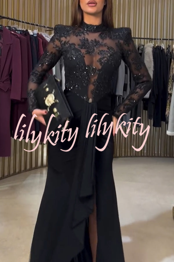 Fenna Sheer Floral Sequin Shoulder Pads Long Sleeve Drape Slit Maxi Dress