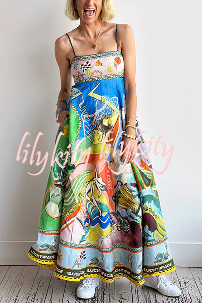 Linen Blend Unique Print Suspenders Back Pleated Pocket Resort Style Maxi Dress