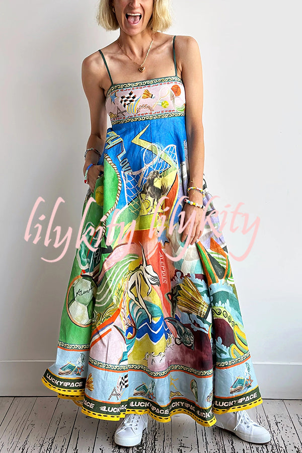 Linen Blend Unique Print Suspenders Back Pleated Pocket Resort Style Maxi Dress