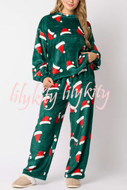 Christmas Printed Crew Neck Long Sleeve Top and Elastic Waist Loose Pants Set