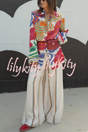 Elouise Satin Color Block Art Print Long Sleeve Button Back Elastic Waist H-line Mini Dress
