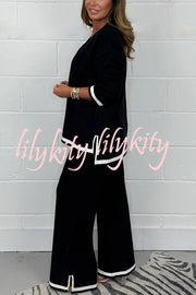 Solid Color V-neck Long-sleeved Loose Top and Elastic Waist Wide-leg Pants Set