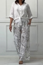 Fashion Lapel Long Sleeve Casual Shirt and Unique Print Elastic Waist Pocket Wide Leg Pants Set