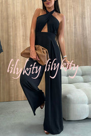 Easy Mode Cross-neck Halter Strap Backless Wide Leg Jumpsuit