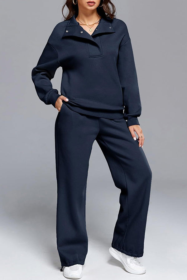 Solid Color Long-sleeved Lapel Sports Sweatshirt and Elastic Waist Casual Pocket Pants Set