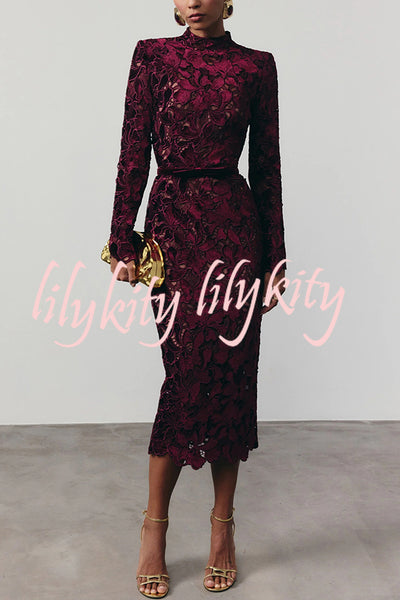 Diane Velvet Embroidered Floral Lace Long Sleeve Belt Scallop Edge Midi Dress