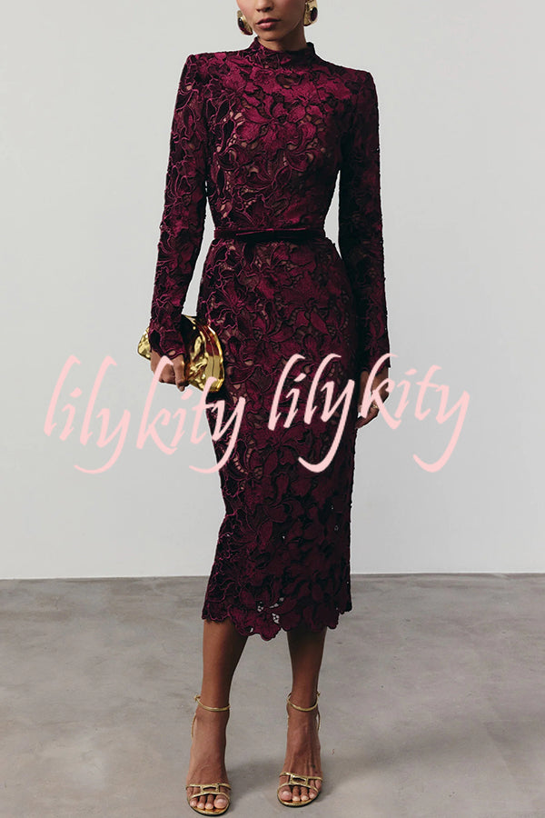 Diane Velvet Embroidered Floral Lace Long Sleeve Belt Scallop Edge Midi Dress
