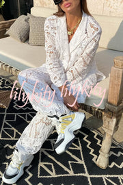 Fashionable Lace Long-sleeved Lapel Loose Top and Casual Hollow Pants Set
