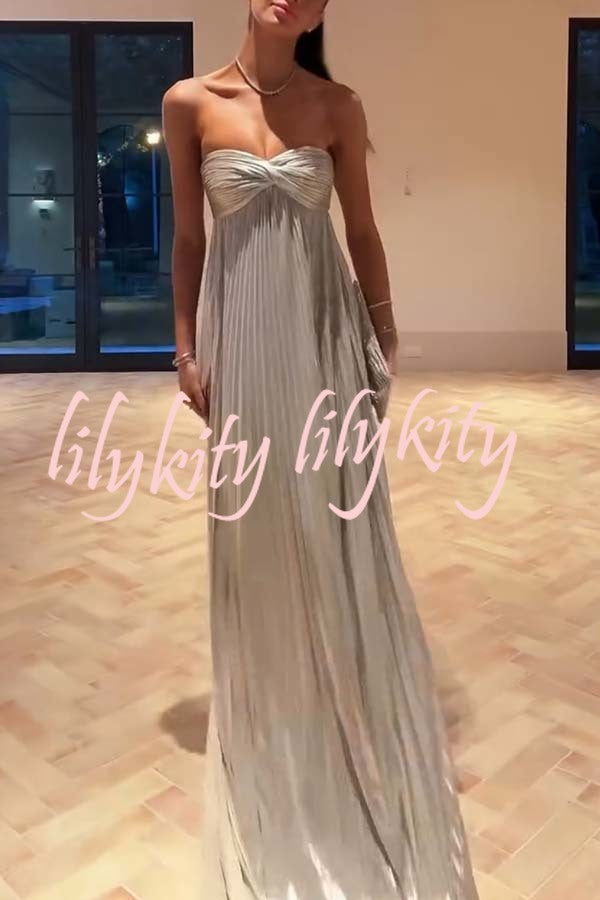 Night Elf Metallic Fabric Pleated Off Shoulder Twist Bust Slit Maxi Dress