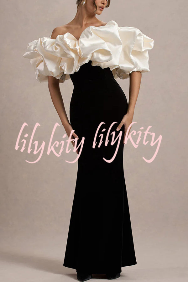 Cecily Velvet Off Shoulder Satin Structured Bardot Neck Stretch Maxi Dress