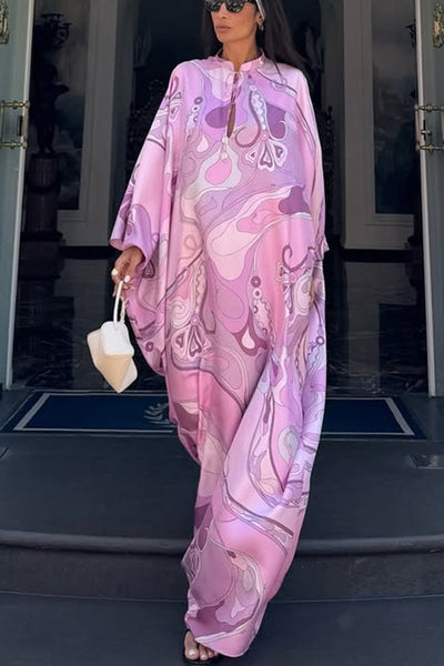 Gayle Satin Unique Print Stand Tie-up Neck Loose Kaftan Maxi Dress