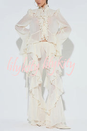 Fashionable Ruffled Elastic Waist Holiday Style Flared Pants